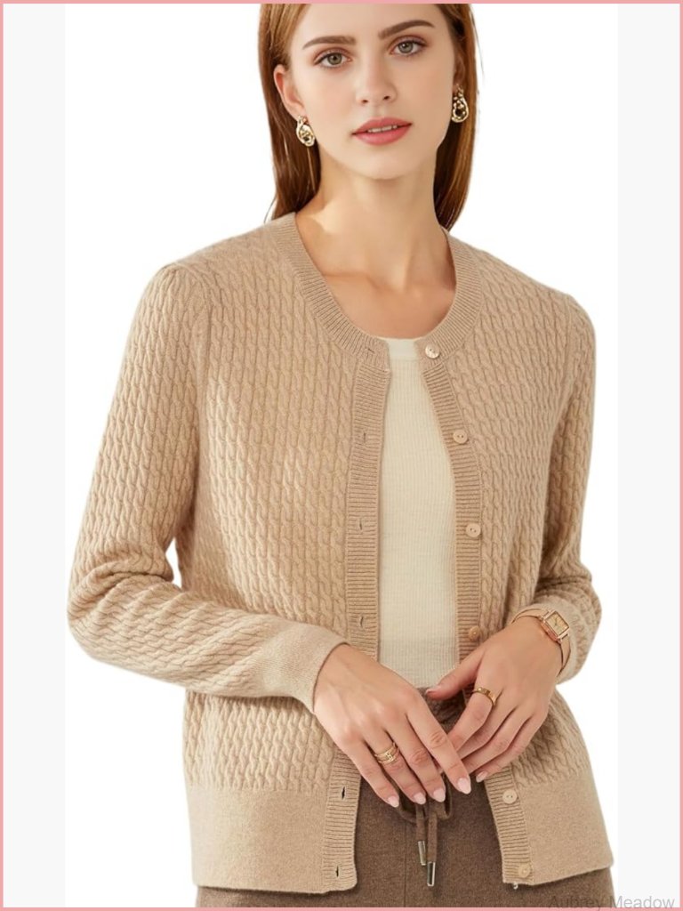 Women's Cashmere Cable Knit Cardigan, Long Sleeve Crew Neck Button Down